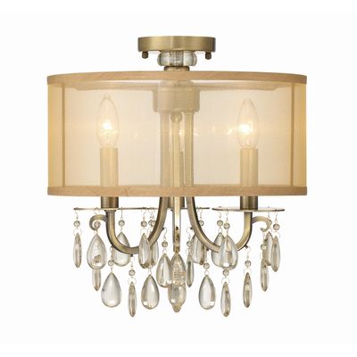 Hampton 3 Light Antique Brass Etruscan Crystal Drum Shade Semi Flush Mount Etruscan Teardrop Almond Silk Shade 14 W x 17 H x 14 D