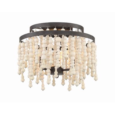 Poppy 3 Light Forged Bronze Semi Flush Mount Natural Wood Beads 15