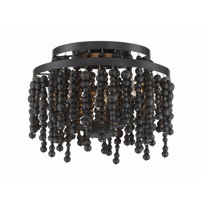 Poppy 3 Light Matte Black Semi Flush Mount Black Wood Beads 15