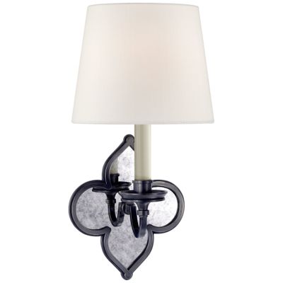 Alexa Hampton Lana Single Sconce in Gun Metal and Antique Mirror with Linen Shade Wall Light W6.5