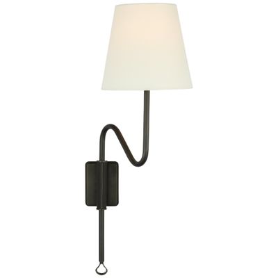 Amber Lewis Griffin Articulating Sconce in Bronze and Chocolate Leather with Linen Shade Wall Light W7.5