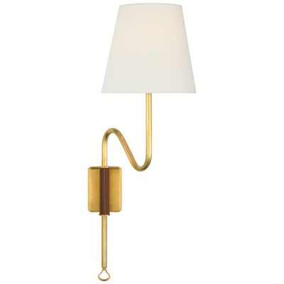 Amber Lewis Griffin Articulating Sconce in Hand-Rubbed Antique Brass and Saddle Leather with Linen Shade Wall Light W7.5