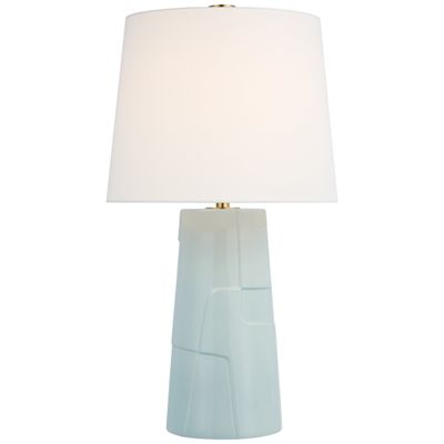 Barbara Barry Braque Medium Debossed Table Lamp in Ice Blue Porcelain with Linen Shade W18