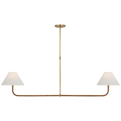 Chapman & Myers Basden Extra Large Linear Chandelier in Antique-Burnished Brass and Natural Rattan with Linen Shades Ceiling Light W11