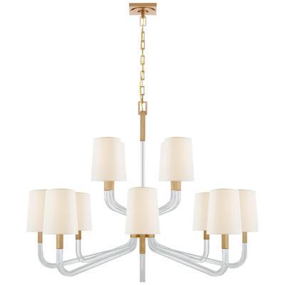 Chapman & Myers Reagan Grande Two Tier Chandelier in Antique-Burnished Brass and Crystal with Linen Shades Ceiling Light W44.75