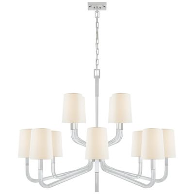 Chapman & Myers Reagan Grande Two Tier Chandelier in Polished Nickel and Crystal with Linen Shades Ceiling Light W44.75