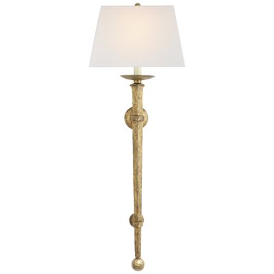 Chapman & Myers Long Iron Torch in Gilded Iron with Linen Shade Wall Light W13.5