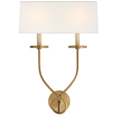 Chapman & Myers Symmetric Twist Double Sconce in Antique-Burnished Brass with Linen Shade Wall Light W14.5