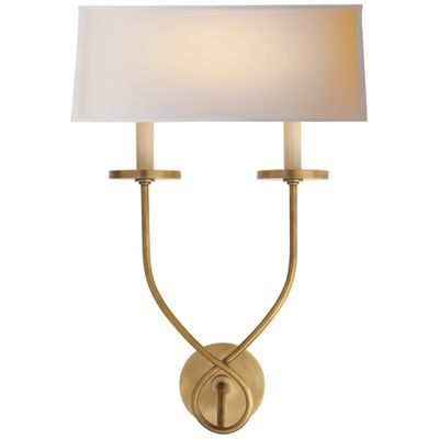 Chapman & Myers Symmetric Twist Double Sconce in Antique-Burnished Brass with Natural Paper Shade Wall Light W13.5