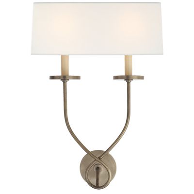 Chapman & Myers Symmetric Twist Double Sconce in Antique Nickel with Linen Shade Wall Light W14.5
