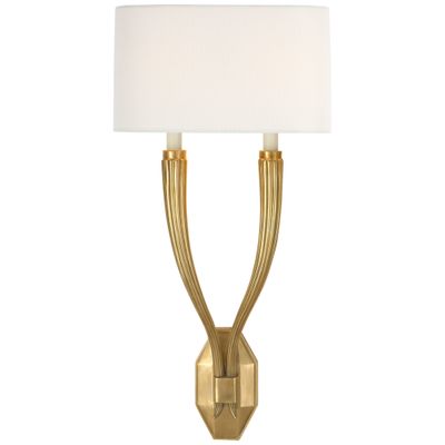 Chapman & Myers Ruhlmann Double Sconce in Antique-Burnished Brass with Linen Shade Wall Light W10.75