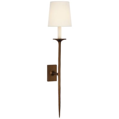Julie Neill Catina Large Tail Sconce in Antique Bronze Leaf with Linen Shade Wall Light W6.25