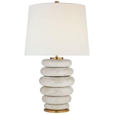Kelly Wearstler Phoebe Cordless Stacked Table Lamp in Antiqued White Ceramic with Linen Shade W17