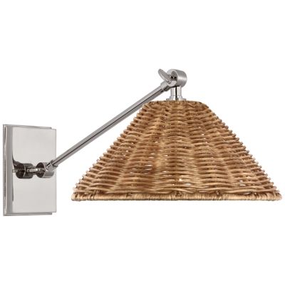 Marie Flanigan Wimberley Single Library Wall Light in Polished Nickel with Natural Wicker Shade W10