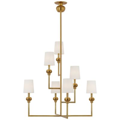 Paloma Contreras Comtesse XL Offset Chandelier in Hand-Rubbed Antique Brass with Linen Shades Ceiling Light W38.5