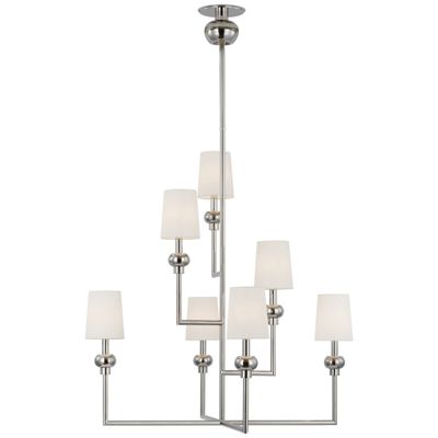 Paloma Contreras Comtesse XL Offset Chandelier in Polished Nickel with Linen Shades Ceiling Light W38.5