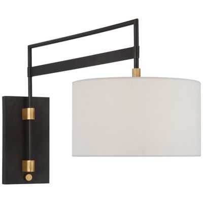 Ray Booth Gael Large Articulating Wall Light in Warm Iron and Antique Brass with Linen Shade W14