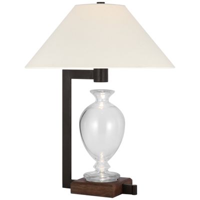 Ray Booth Phial Large Display Form Table Lamp in Clear Glass and Warm Iron and Dark Walnut with Linen Shade W17.5