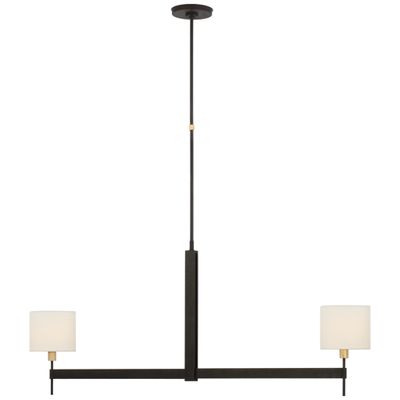 Ray Booth Brontes Large Linear Chandelier in Warm Iron and Antique Brass with Linen Shades Ceiling Light W7