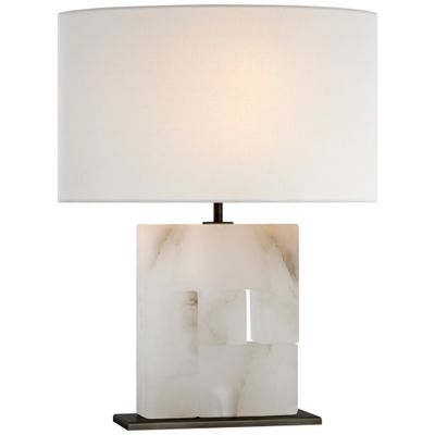 Ian K. Fowler Ashlar Medium Table Lamp in Alabaster and Bronze with Linen Shade W17.5