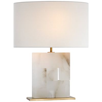 Ian K. Fowler Ashlar Medium Table Lamp in Alabaster and Hand-Rubbed Antique Brass with Linen Shade W17.5