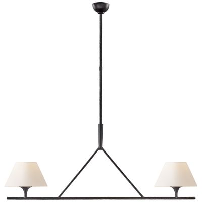 Ian K. Fowler Cesta Large Linear Chandelier in Aged Iron with Linen Shades Ceiling Light W54