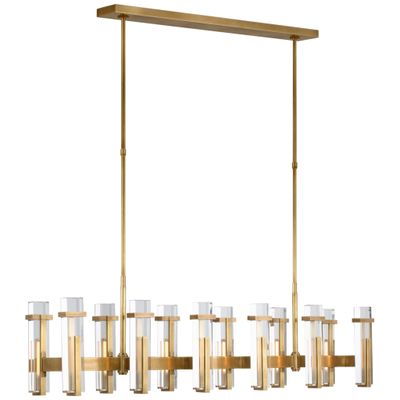 Ian K. Fowler Malik Large Linear Chandelier in Hand-Rubbed Antique Brass with Crystal Ceiling Light W54.75