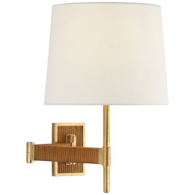 Suzanne Kasler Elle Swing Arm Sconce in Hand-Rubbed Antique Brass and Dark Rattan with Linen Shade Wall Light W16.75