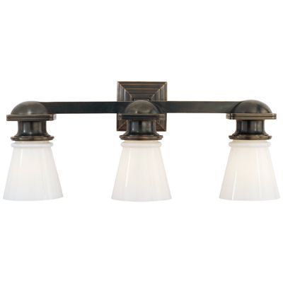 Chapman & Myers New York Subway Triple Light in Bronze with White Glass Wall Light W22.75