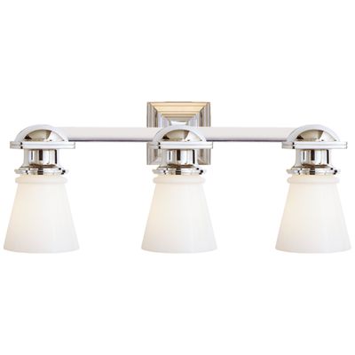 Chapman & Myers New York Subway Triple Light in Polished Nickel with White Glass Wall Light W22.75