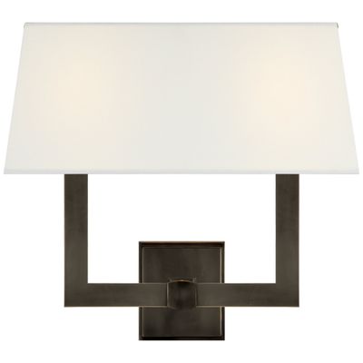 Chapman & Myers Square Tube Double Sconce in Bronze with Linen Single Shade Wall Light W15.5