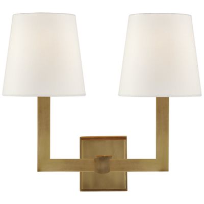 Chapman & Myers Square Tube Double Sconce in Hand-Rubbed Antique Brass with Linen Shades Wall Light W15