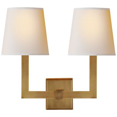 Chapman & Myers Square Tube Double Sconce in Hand-Rubbed Antique Brass with Natural Paper Shades Wall Light W15