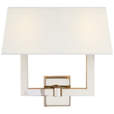 Chapman & Myers Square Tube Double Sconce in Polished Nickel with Linen Single Shade Wall Light W15.5
