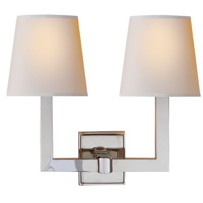Chapman & Myers Square Tube Double Sconce in Polished Nickel with Natural Paper Shades Wall Light W15