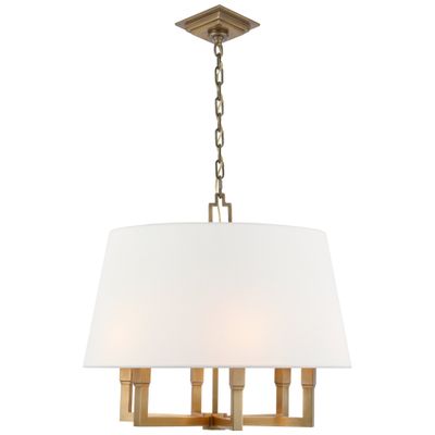Chapman & Myers Square Tube Hanging Shade in Hand-Rubbed Antique Brass with Linen Shade Ceiling Light W24