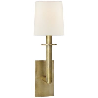 J. Randall Powers Dalston Sconce in Hand-Rubbed Antique Brass with Linen Shade Wall Light W7.5