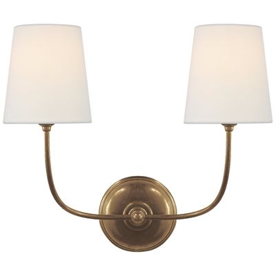 Thomas O'Brien Vendome Double Sconce in Hand-Rubbed Antique Brass with Linen Shades Wall Light W17.75