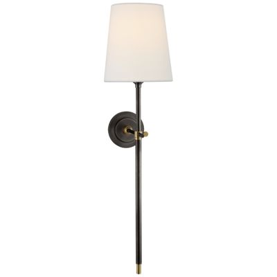 Thomas O'Brien Bryant Large Tail Sconce in Bronze and Hand-Rubbed Antique Brass with Linen Shade Wall Light W6.5