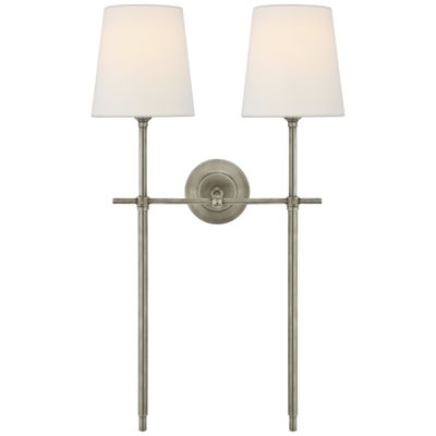 Thomas O'Brien Bryant Large Double Tail Sconce in Antique Nickel with Linen Shades Wall Light W16