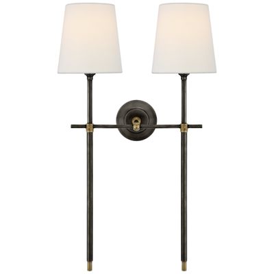 Thomas O'Brien Bryant Large Double Tail Sconce in Bronze and Hand-Rubbed Antique Brass with Linen Shades Wall Light W16