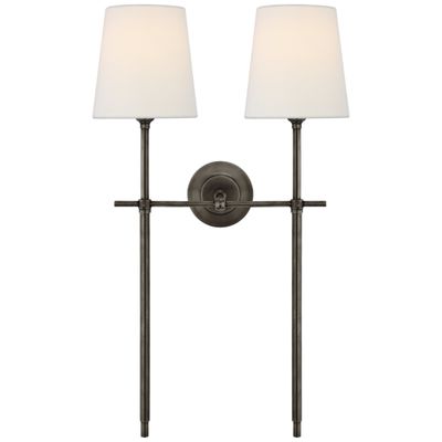 Thomas O'Brien Bryant Large Double Tail Sconce in Bronze with Linen Shades Wall Light W16