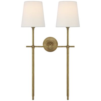 Thomas O'Brien Bryant Large Double Tail Sconce in Hand-Rubbed Antique Brass with Linen Shades Wall Light W16