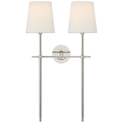 Thomas O'Brien Bryant Large Double Tail Sconce in Polished Nickel with Linen Shades Wall Light W16
