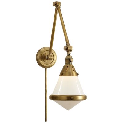 Thomas O'Brien Gale Library Wall Light in Hand-Rubbed Antique Brass with White Glass W7.5