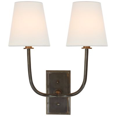 Thomas O'Brien Hulton Double Sconce in Bronze with Crystal Backplate with Linen Shades Wall Light W14