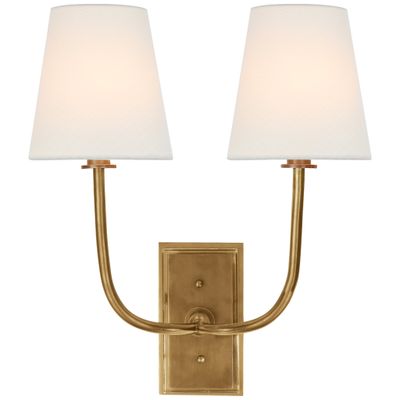 Thomas O'Brien Hulton Double Sconce in Hand-Rubbed Antique Brass with Crystal Backplate with Linen Shades Wall Light W14