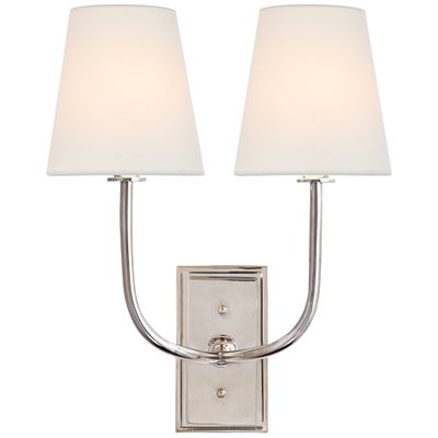 Thomas O'Brien Hulton Double Sconce in Polished Nickel with Crystal Backplate with Linen Shades Wall Light W14