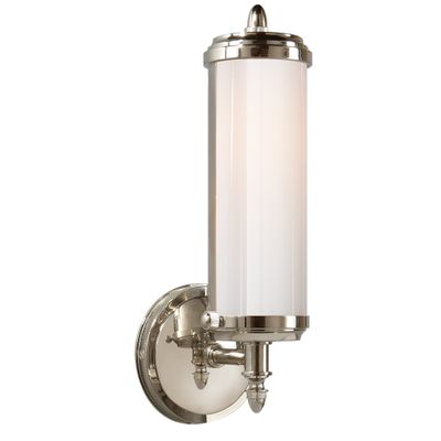Thomas O'Brien Merchant Single Bath Light in Polished Nickel with White Glass Wall Light W4.5