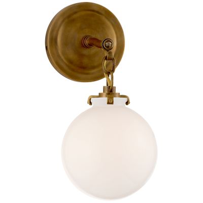 Thomas O'Brien Katie Small Globe Sconce in Hand-Rubbed Antique Brass with White Glass Wall Light W6.25
